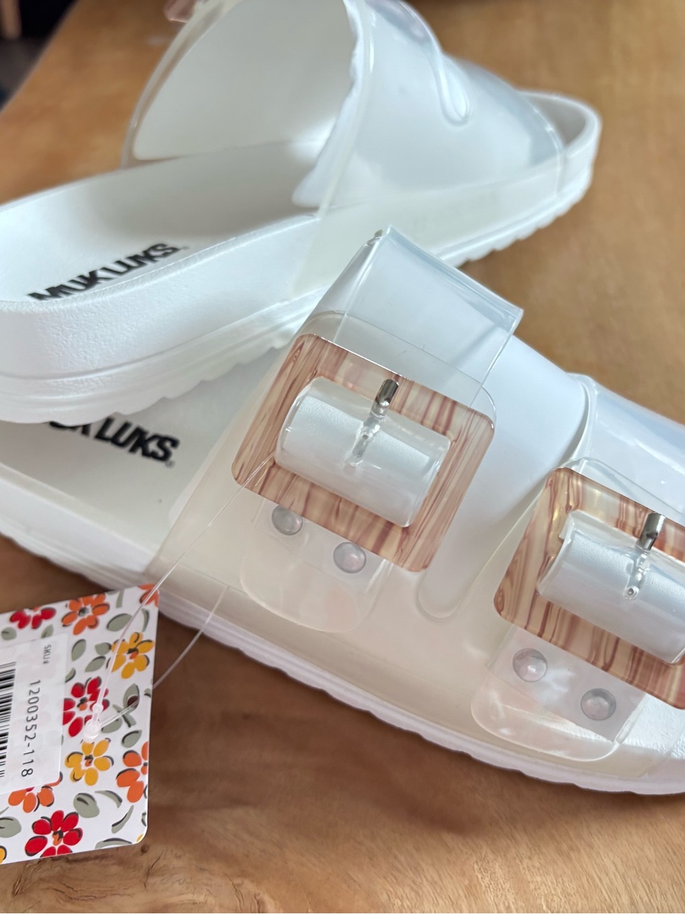 Brand New in Box, Muk Luks White Clear Slide Sandals with Translucent Buckles